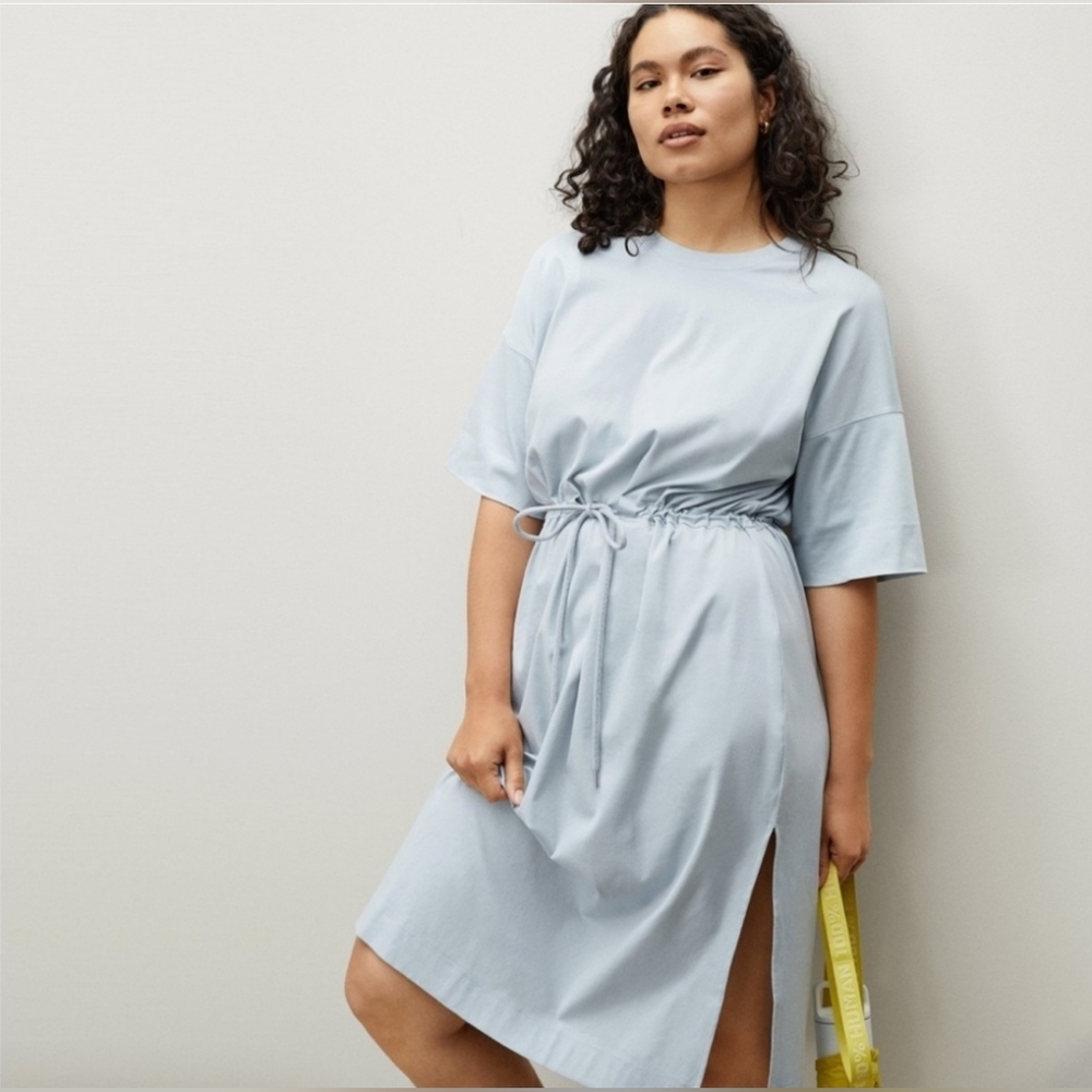 Everlane Cotton Tee Dress Tie Front Sz M Blue Gray One Side Slit Relaxed Fit